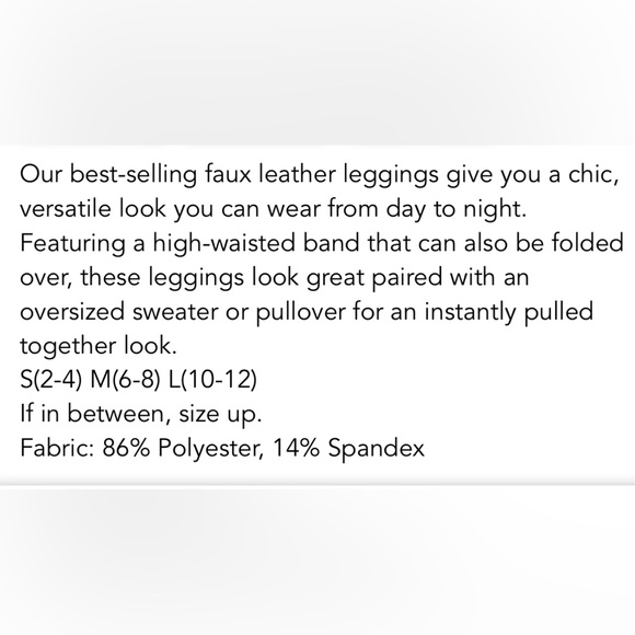 NWOT!!! LEATHER & LUCK LEGGINGS | WIDE PANEL WAIST FOR A TUCK & FINISHED LOOK - Picture 2 of 7